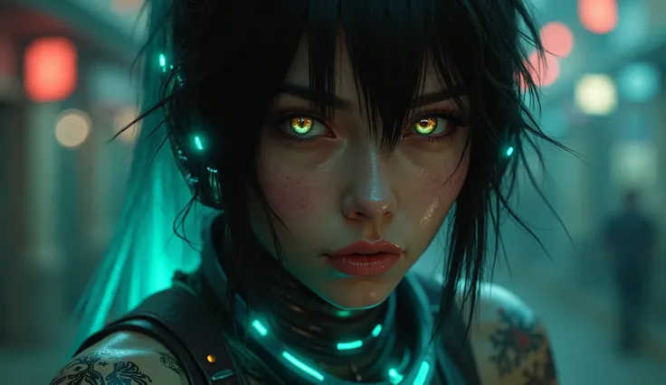 Photorealistic, ultra uhd, unreal engine 5, A harden warriors looking at camera, with iridescent tattoos glowing blue-green in color, her eyes are like the eyes of a cat, amber color eyes, soft skin, cyberpunk, steampunk, netrunner, shoulders relaxed, 4K 