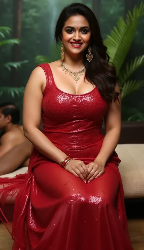  indian married women looking at the viewer, wearing shiny glossy and reflective finish polyester plus size transparent red bandage dress, big Fat ass,wide hips,Big thighs, scooped Big breast, Voluptuous Body,fat wide ass ,messy bun, lipstic, smiling face,...