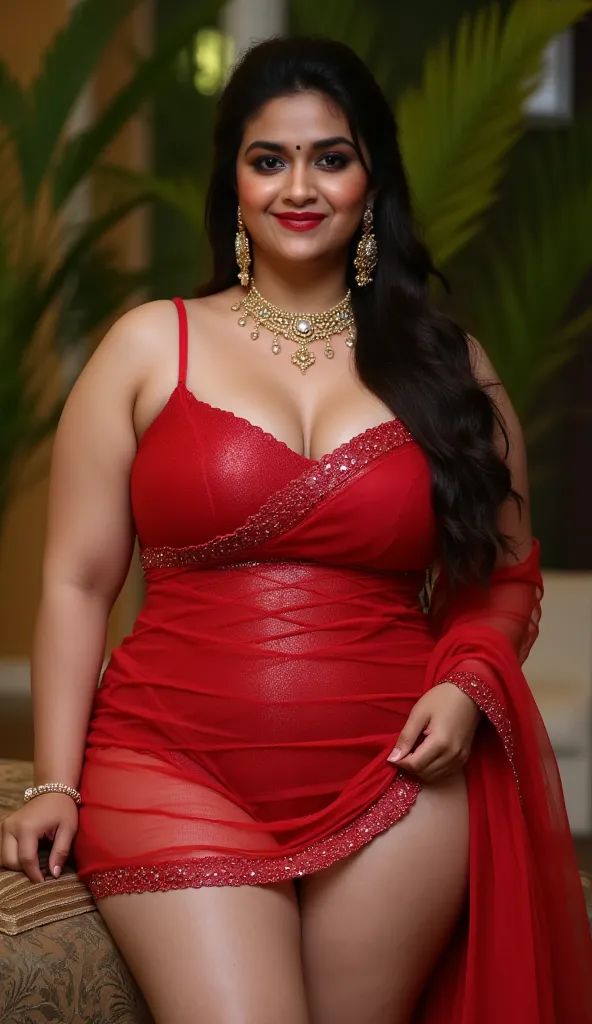  indian married women looking at the viewer, wearing shiny glossy and reflective finish polyester plus size transparent red bandage dress, big Fat ass,wide hips,Big thighs, scooped Big breast, Voluptuous Body,fat wide ass ,messy bun, lipstic, smiling face,...