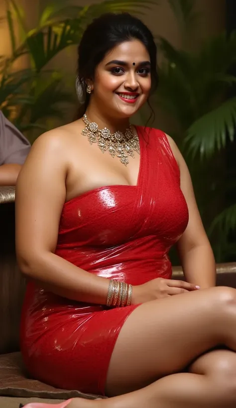  indian married women looking at the viewer, wearing shiny glossy and reflective finish polyester plus size transparent red bandage dress, big Fat ass,wide hips,Big thighs, scooped Big breast, Voluptuous Body,fat wide ass ,messy bun, lipstic, smiling face,...