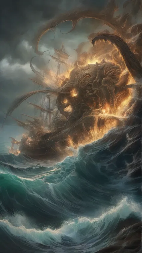 Create an ultra‑detailed digital painting of a colossal, ancient Kraken erupting from a storm‑ravaged, turbulent ocean under a pitch‑black, lightning-split sky. This monstrous behemoth towers over crashing, tumultuous waves, its massive, twisting tentacles...