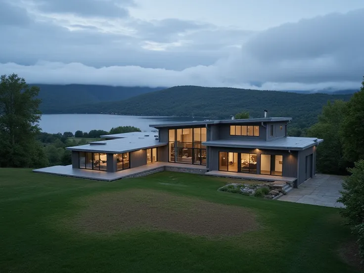 Photo with a 4k drone of a modern residence,  modern windows ,  house with modern gray materials, with large windows ,  modern architecture, Simple modern type, The house is in the countryside near a large lake, cloudy, With some rain a garage.  lights off...