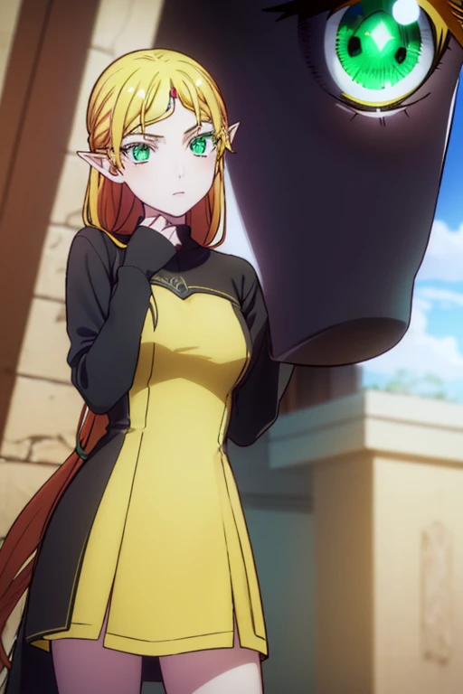 tsundereelf, tsundere elf,  long hair,  Blond hair, (  green eyes :1.5),  pointy ears, elf,  multicolored hair,  forehead jewel ,
 BREAK long sleeve , high neck bodysuit, socks, sweater, (black sweater:1.2), dress, (yellow dress:1.5),
 BREAK up outdoors , ...