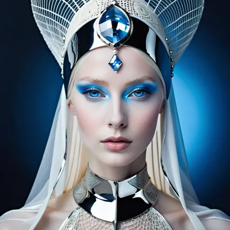 A Futuristic Portrait of a Beautiful Holy Woman.  porcelain skin,  blue eyes and platinum blonde hair, He wears a veil around his head,  hat.