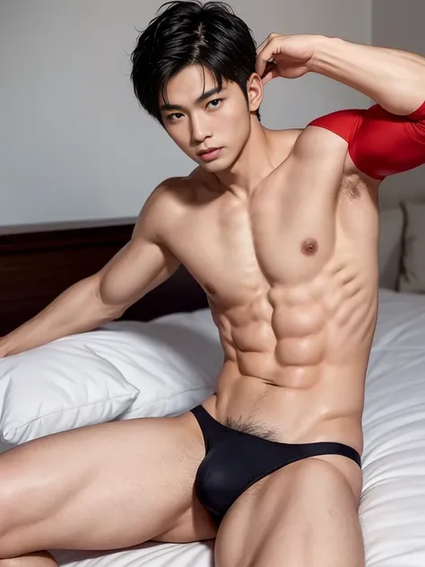 Asian man in a briefs, handsome man, handsome guy, handsome asian man, Full Body Shoot, male underwear, briefs, portrait, detailed facial parts, Manly, Charmer, Active Boy, sleeping, sleeping on bed, lie down, legs opened, harnes, mouth opened, perfect ana...