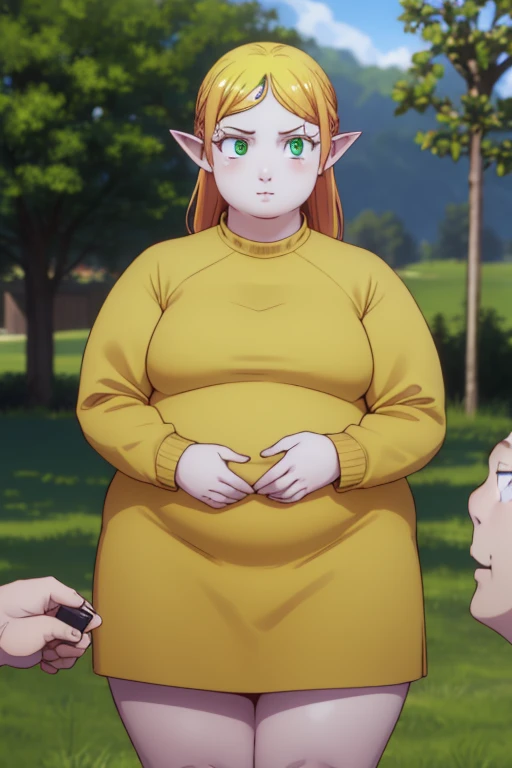 tsundereelf(big fat body), tsundere elf,  long hair,  Blond hair, (  green eyes :1.5),  pointy ears, elf,  multicolored hair,  forehead jewel ,
 BREAK long sleeve , high neck bodysuit, socks, sweater, (black sweater:1.2), dress, (yellow dress:1.5), (clothe...