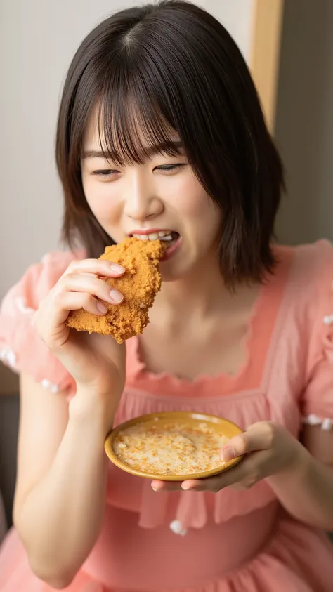 A high resolution photograph of a Japanese young woman in dress, photo-realistic, Intricate details, solo, 1girl, sucking fried chicken in hand, biting, eating, pale skin, fine-textured skin, detailed face, perfect hand, detailed hand, detailed fingers, in...