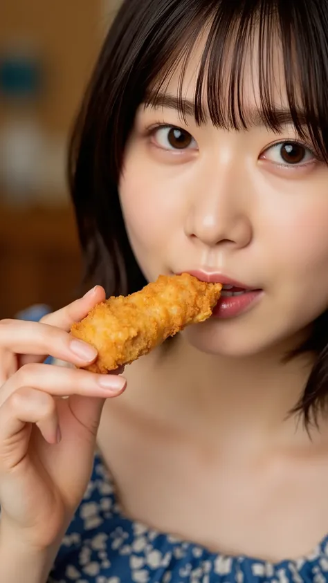 A high resolution photograph of a Japanese young woman in dress, photo-realistic, Intricate details, solo, 1girl, sucking fried chicken in hand, biting, eating, pale skin, fine-textured skin, detailed face, perfect hand, detailed hand, detailed fingers, in...