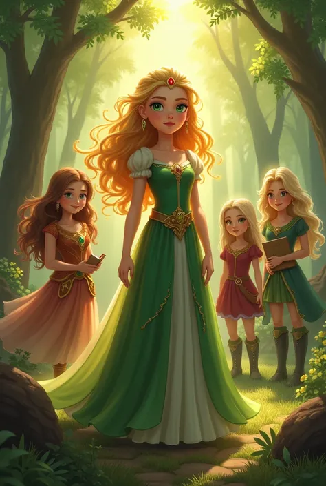 "Create an image of a beautiful princess named Elara with golden hair and emerald eyes, standing with her three friends: Lyra, a brave warrior in shining armor, Aria, a clever scholar with a book in her hand, and Isla, a gentle healer with a soft smile. Th...