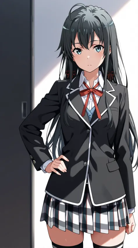 masterpiece, best quality, highres, yukinoshita yukino, long hair, ahoge, hair ribbon, sobu school uniform, neck ribbon, collared shirt, blazer, black jacket, long sleeves, plaid skirt, black thighhighs, , hand on hip, standing