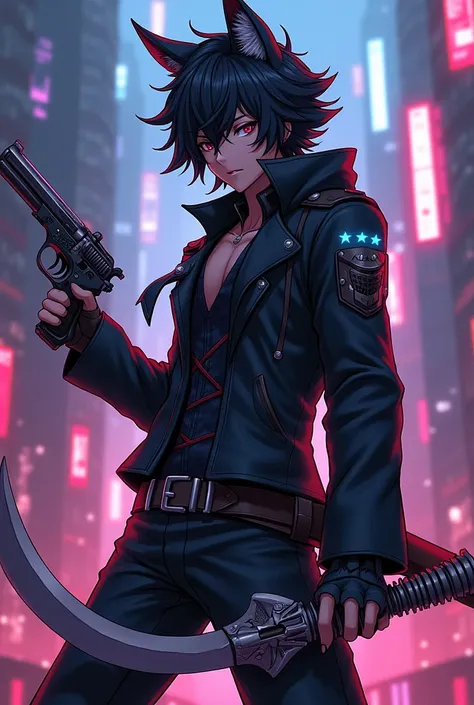 Create a teenage male mital wolf with black hair with a scythe and a revolver, version anime