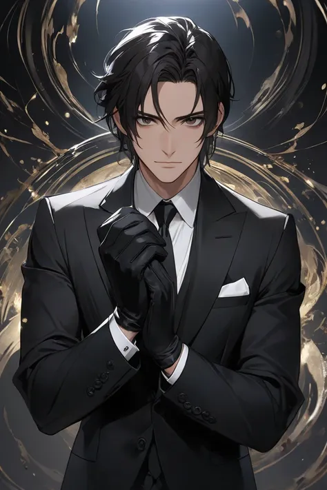 A man in a suit has dark hair, dark eyes,and looks good, and wears black gloves on his hands.