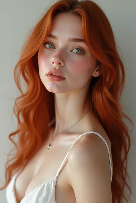 Now create the very realistic image of Becca, With eyes as green as a lake,  white and pink skin.   wavy red and long hair, With thin straps and wider legs and thighs.  height 1,75