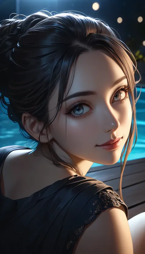 Ultra high resolution illustration ,  Rear view of a beautiful woman sitting by the pool and looking up at the moonlit night, shot from front side, ( bird viewing composition depicting a woman in the lower left corner), she is looking at to you with the sm...