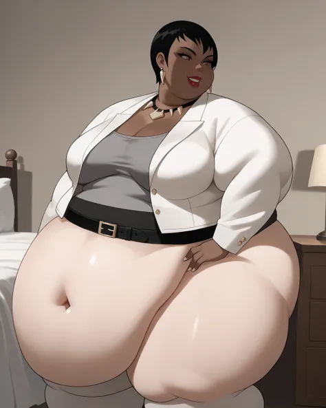 VixenSuit    (Bigger and fatter body), (obese figure:1.5),  a girl,   very dark skin,   Big breasts ,   dark-skin women's  , Jeweler&#39;S,  pending,   Black hair , collar,   white pants,   black belt, neckline, formal,  red eyes, make-up,   Black Shirt,  ...