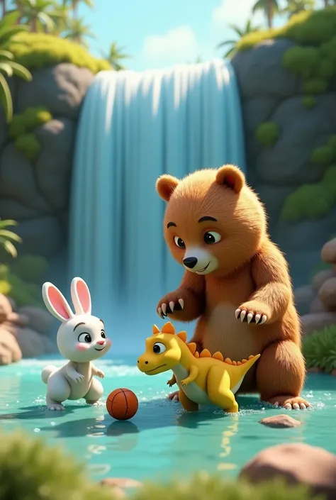 3D animation. White Rabbit and Yellow Dinosaur Hanging Grizzly Bear Play Ball at Waterfall