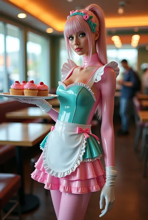 Professional latex fetish full length photo of a beautiful skinny slim anorexic young teen waitress wearing super tight pastel pink and turqouse latex maid uniform with a short white waist apron decorated with many latex bow and frills. She has long pastel...