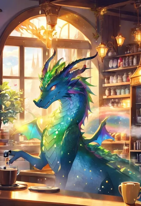 a majestic dragon barista with shimmering scales in vibrant hues of blue and green, standing behind a cozy café counter. The dragon is skillfully extracting a rainbow-colored coffee from a sleek espresso machine. It has elegant horns adorned with small glo...