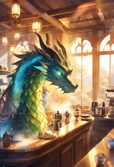 a majestic dragon barista with shimmering scales in vibrant hues of blue and green, standing behind a cozy café counter. The dragon is skillfully extracting a rainbow-colored coffee from a sleek espresso machine. It has elegant horns adorned with small glo...