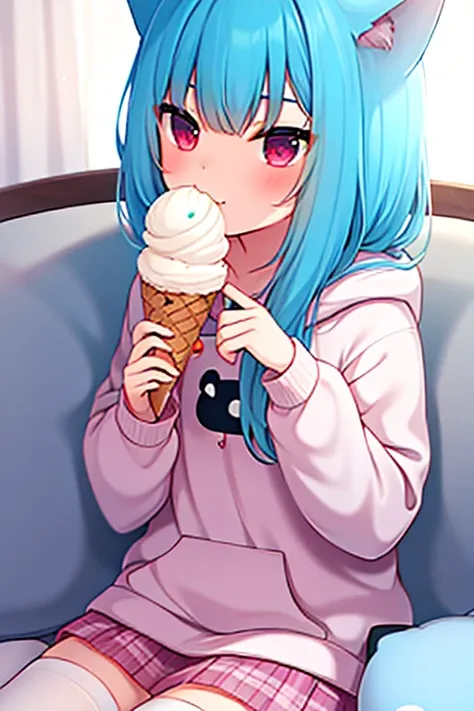 A nekomimi girl with blue hair, red eyes, wearing a white hoodie with a pink panda printed on it, a pink plaid skirt and white stockings. The girl is eating chocolate ice cream. 