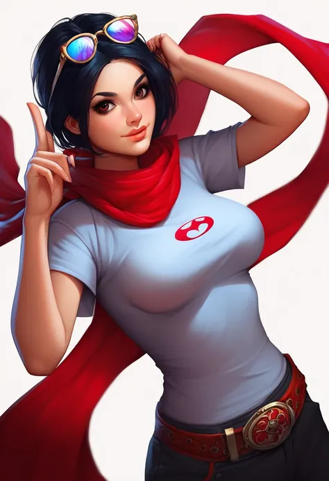  score_9,  score_8_arriba,  score_7_arriba,  score_6_arriba, 1 girl, Alone ,  ,  Brown Eyes,  Black hair , without fingers, cabello corto,  belt, pantalones, t-shirt, shirt,  glasses on the head, red scarf,   detailed eyes ,  perfect face,  perfect eyes, s...