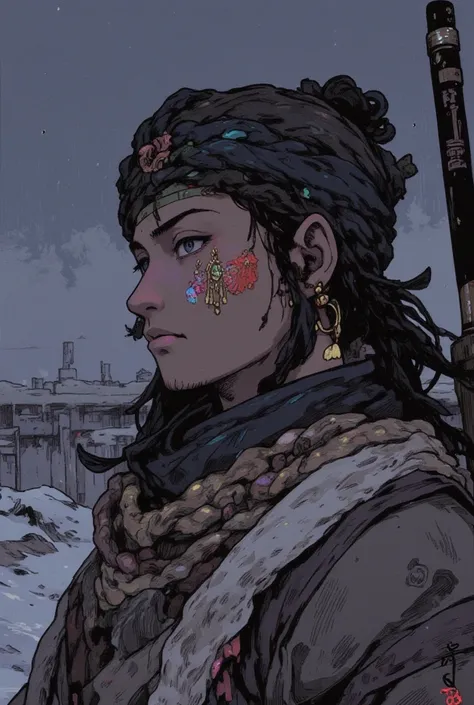    Anime nomad  ,  nomad with a fine golden hanging earring shimmers on his ear ,  slightly neglected three-day beard , Vertical nab on the eye  , Decora-Stil-Illustration,  soft anime illustration  ,   man with turban theme   ,  Anime man  ,  that a scar ...