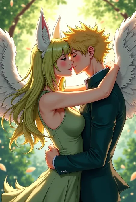 My hero Academia girl with long blonde and green hair with white wolf ears with big white wings kissing a man with blond hair