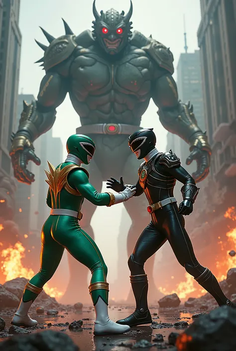 Green Power Ranger, fighting against a black power ranger and a background of a monster destroying everything