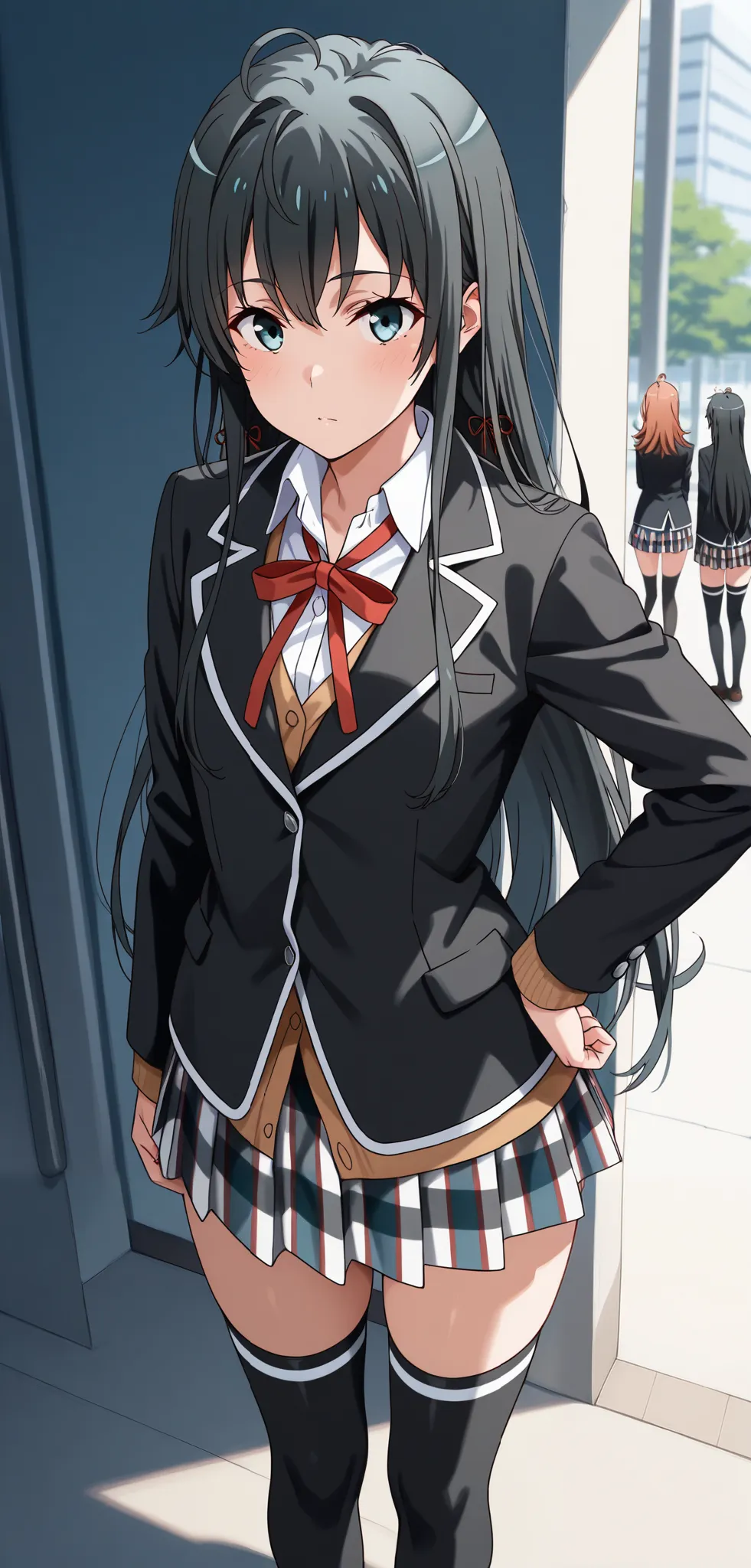 masterpiece, best quality, highres, yukinoshita yukino, long hair, ahoge, hair ribbon, sobu school uniform, neck ribbon, collared shirt, blazer, black jacket, long sleeves, plaid skirt, black thighhighs, , hand on hip, standing