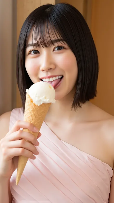 A high resolution photograph of a Japanese young woman in dress, photo-realistic, Intricate details, solo, 1girl, (open mouth, tongue, licking an ice cream in hand, ice cream cone), pale skin, fine-textured skin, detailed face, perfect hand, detailed hand,...