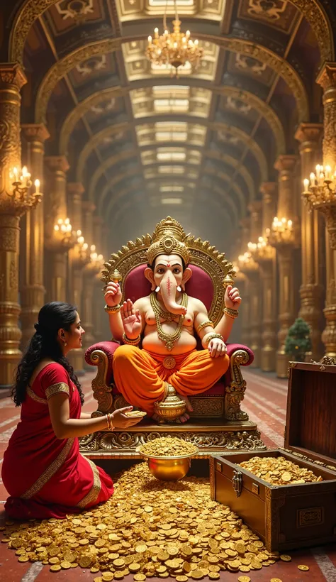 "A grand palace hall with intricate golden arches and chandeliers, featuring Lord Ganesha sitting on an ornate throne, adorned with gold jewelry and a crown. A golden pot overflowing with gold coins spills onto the floor. A devoted woman in a red saree kne...