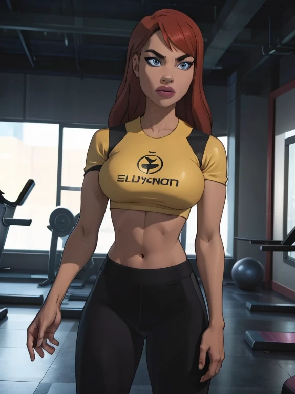 She is a young girl,  thin woman with short ,  Vibrant red hair and bright blue eyes .,  dressed in tight gym clothes . Confident and determined ,  she exudes confidence with a firm posture and a confident expression of herself.  Her domain is the gym ,  w...