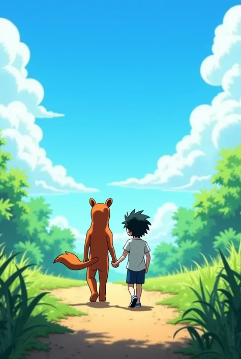 Scene 3: Kaito and Leo Become Friends
- Kaito and Leo walking together through the jungle
- Leo's tail swishing behind him, Kaito's hands in his pockets
- A bright blue sky with fluffy white clouds above