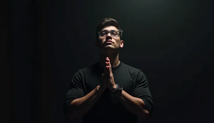 (photorealism:1.2), "A young man stands in a dark, minimalist setting, his hands pressed together in deep prayer. He wears glasses and a dark shirt, with a prominent wristwatch visible on his arm. A soft, focused light illuminates his face and hands, empha...