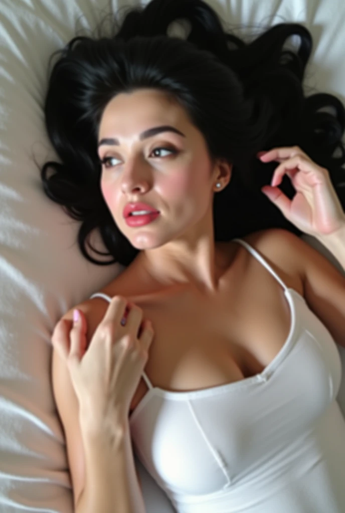  A very white skin model with a full body, She is of medium build,  aesthetic body , your height must be medium,  Black hair ,  medium breasted, She is lying on a bed showing her chest and touching her hair with her hands