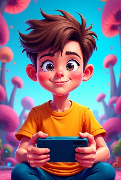 Gamer boy with short wavy hair cartoon