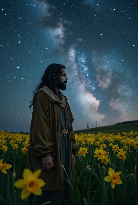 A beautiful setting whose name is full of stars, beautiful with beautiful lights, whose land is a green plain with daffodils, and there is an Arab man whose face is indistinct and has long hair, and the picture is such that a text can be written on top of ...