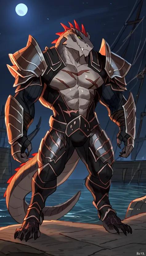 Muscular lizardfolk, solo, anthro lizard, detailed skin, strong, wearing demonic armor, metallic scales, scars on body, 1male solo, full bodysuit, anthro, muscular, big muscles, small waist, thick tail, marked jaw, armor on legs, full body, comicbook style...