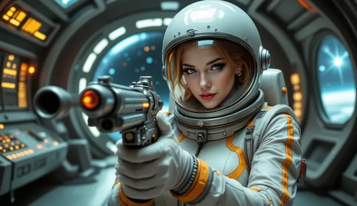 science-fiction film about UFOs from the 70's .  A pin-up model wearing a space astronaut helmet with 60's themed gloves holding a space gun posing with the gun in vintage style,  spaceship interior 