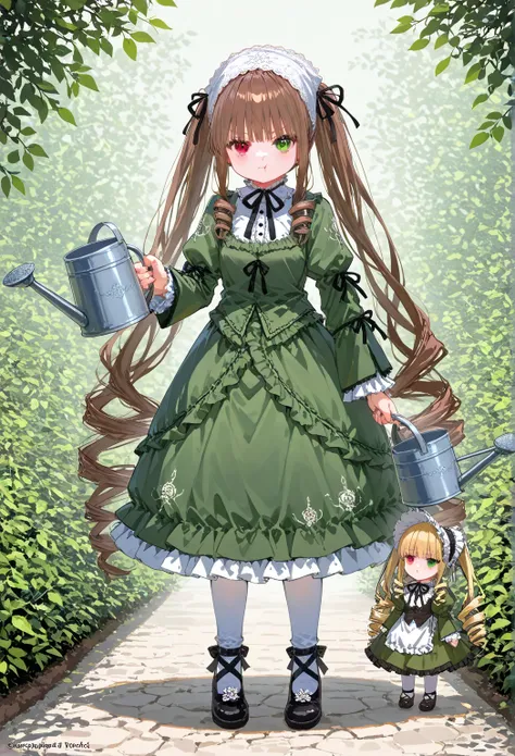  1 GIRL\( Switzerland \( Rozen Maiden\),doll, small, bonnet,  Head Scarf,  heterochromia,  green dress,  neck ribbon, Twin drills, brown hair,  Red Eye, green eyes,  Long Sleeve,  green dress,  very long hair, frills,  black ribbon, whiTe headwear, bangs, ...