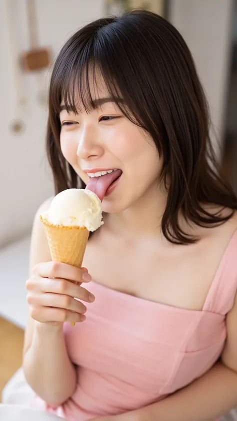 A high resolution photograph of a Japanese young woman in dress, photo-realistic, Intricate details, solo, 1girl, (open mouth, tongue, licking an ice cream in hand, ice cream cone), pale skin, fine-textured skin, detailed face, perfect hand, detailed hand,...