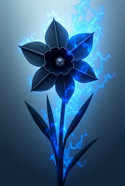 A black daffodil flower surrounded by a blue flame, But in a less realistic drawing