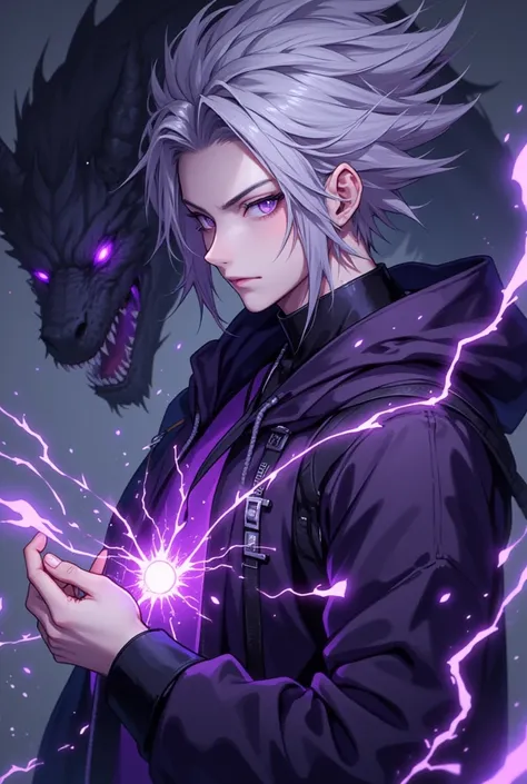  adult male、Cerberus is in the background、 asymmetry between long hair and short hair、Purple eyes、Clothes are cool、There are purple light lines on clothes、 long, slender eyes、I'm holding electricity with my hands、The hair is asymmetrical、