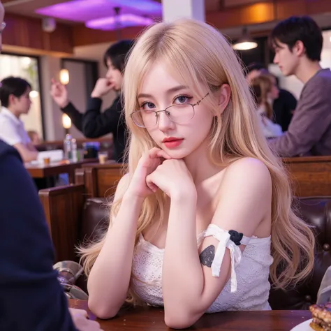  Create an AI character
20 year old oriental girl, Japanese.   Blond hair,  blue eyes, glasses.
 Long hair , Big breasts
Surrounded by lots of boys and girls,  kissing