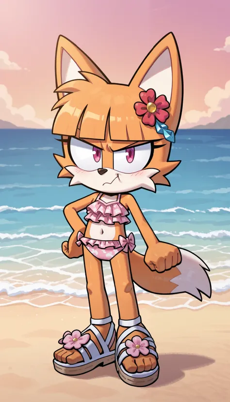 score_9, score_8_up, score_7_up, Vivian, 1girl, solo, furry, furry female, fox ears, animal ears, bangs, blunt bangs, two-tone fur, orange body fur, white body fur, tail, fox tail, pink eyes, ((hair ornament, pink frilly bikini, sandals)), (short body, tin...