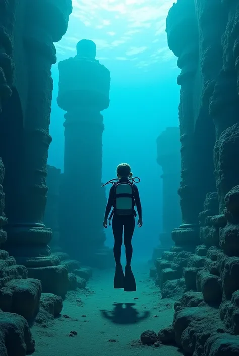  girl , diving   ,  diving   equipment ,   highly detailed ,  Underwater world  , architectural ruins   , deep sea,    beautiful   , dark blue, diving   suit,, Marvel at  ,    deep dive   ,    The submerged world   , Atlantis, the ruins of giant underwater...