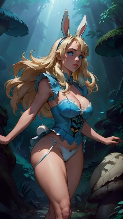 (La  thong, A high resolution , soldier,real),Alice in Wonderland, Short blue dress, white socks muslo,  long yellow hair, ,( Dungeon Ruins Background in Ruined Dark Forest Cyberpunk :1.4 ), More detailed 8k.unreal engine:1.4, Ultra HD,La  thong:1.4, fotor...