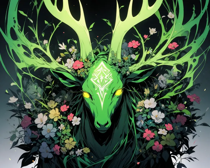 A green deer with flowers on its horns , With glowing black eyes 