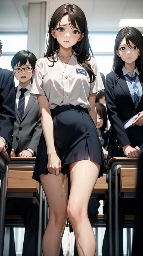 Female teacher pees at student graduation ceremony 、Urinary incontinence、Leaking a lot of pee、from below、  staring at viewers 、 black suit 、 miniskirt、 pin heels、 Perfect Body、 perfect beauty 、 Japanese elementary school teachers 、 Female teacher pees duri...