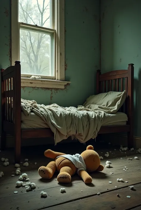 An old dirty room bed has a dirty chair and there is a teddy bear on the floor, but its seams are open and the cotton is spilled 